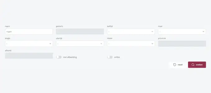 Screenshot van het zoekscherm van FlirtMetMijKik, account- en profielgegevens afgeschermd